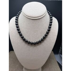Classic Black Glass Bead Necklace with Sterling Silver Clasp